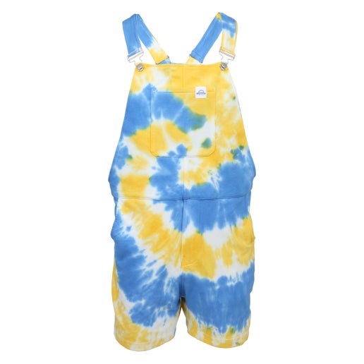 Blue and yellow tie‑dye short overalls with adjustable shoulder straps, front bib pocket, and relaxed fit, featuring a bold spiral tie‑dye pattern throughout.