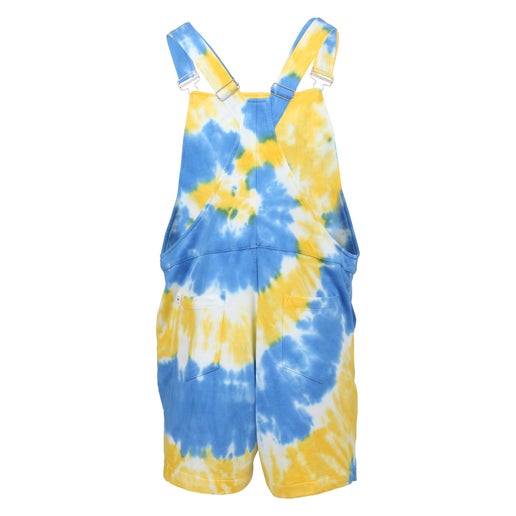 Blue and yellow tie‑dye short overalls with adjustable shoulder straps, front bib pocket, and relaxed fit, featuring a bold spiral tie‑dye pattern throughout.