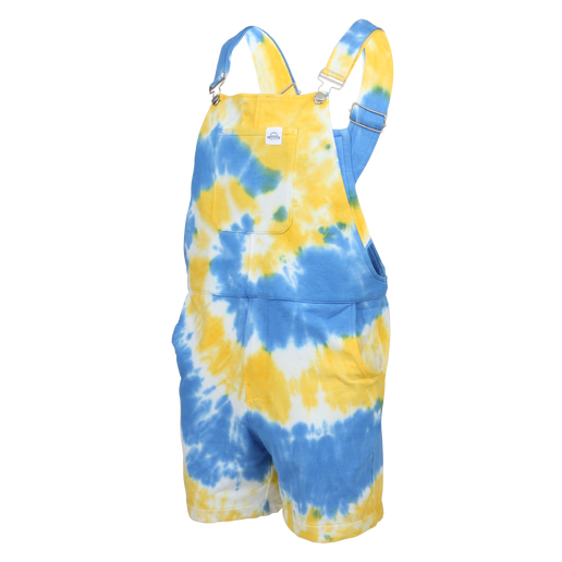 Blue and yellow tie‑dye short overalls with adjustable shoulder straps, front bib pocket, and relaxed fit, featuring a bold spiral tie‑dye pattern throughout.