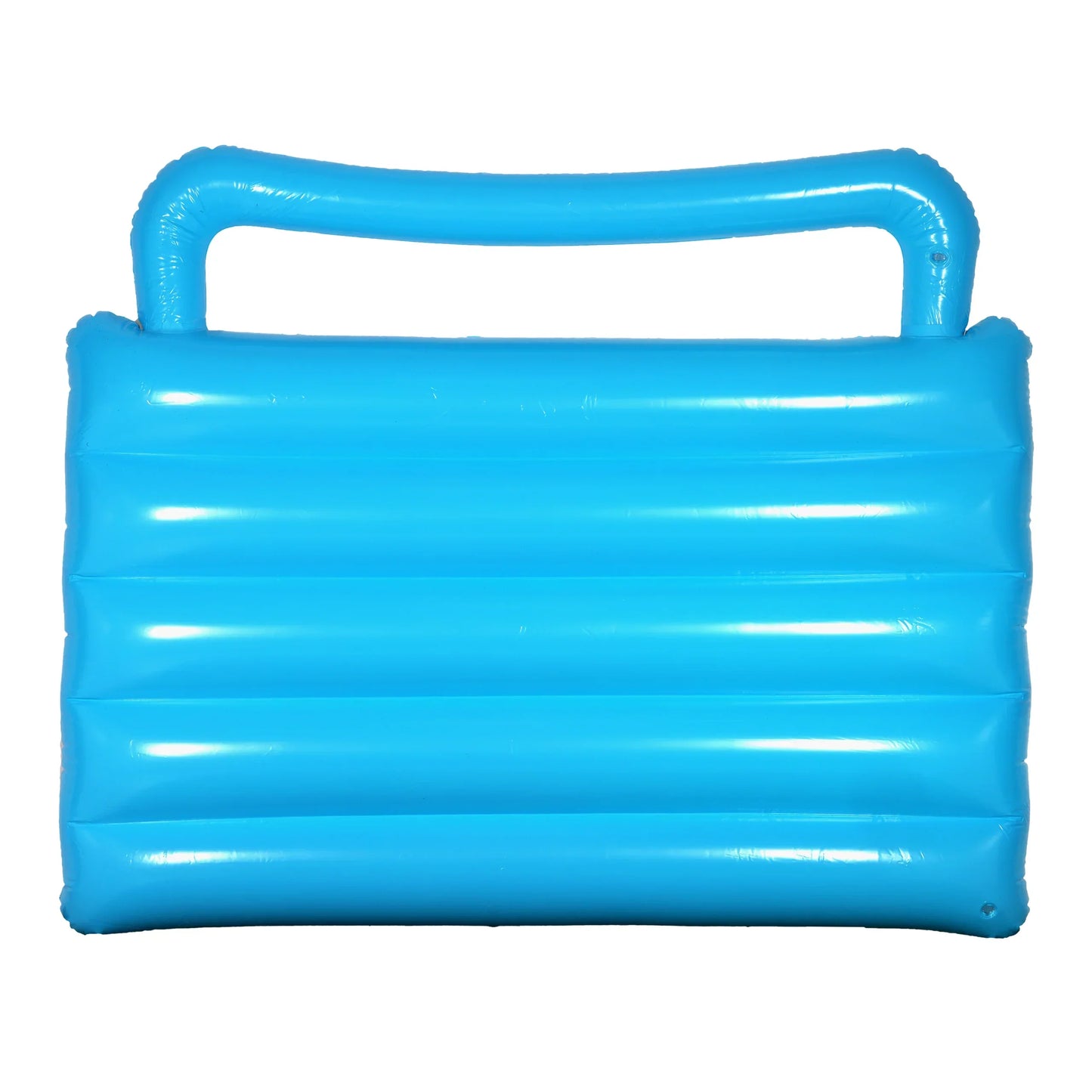 The back of a bright blue inflatable pool raft, featuring horizontal ridges across its surface and an inflatable handle at the top.