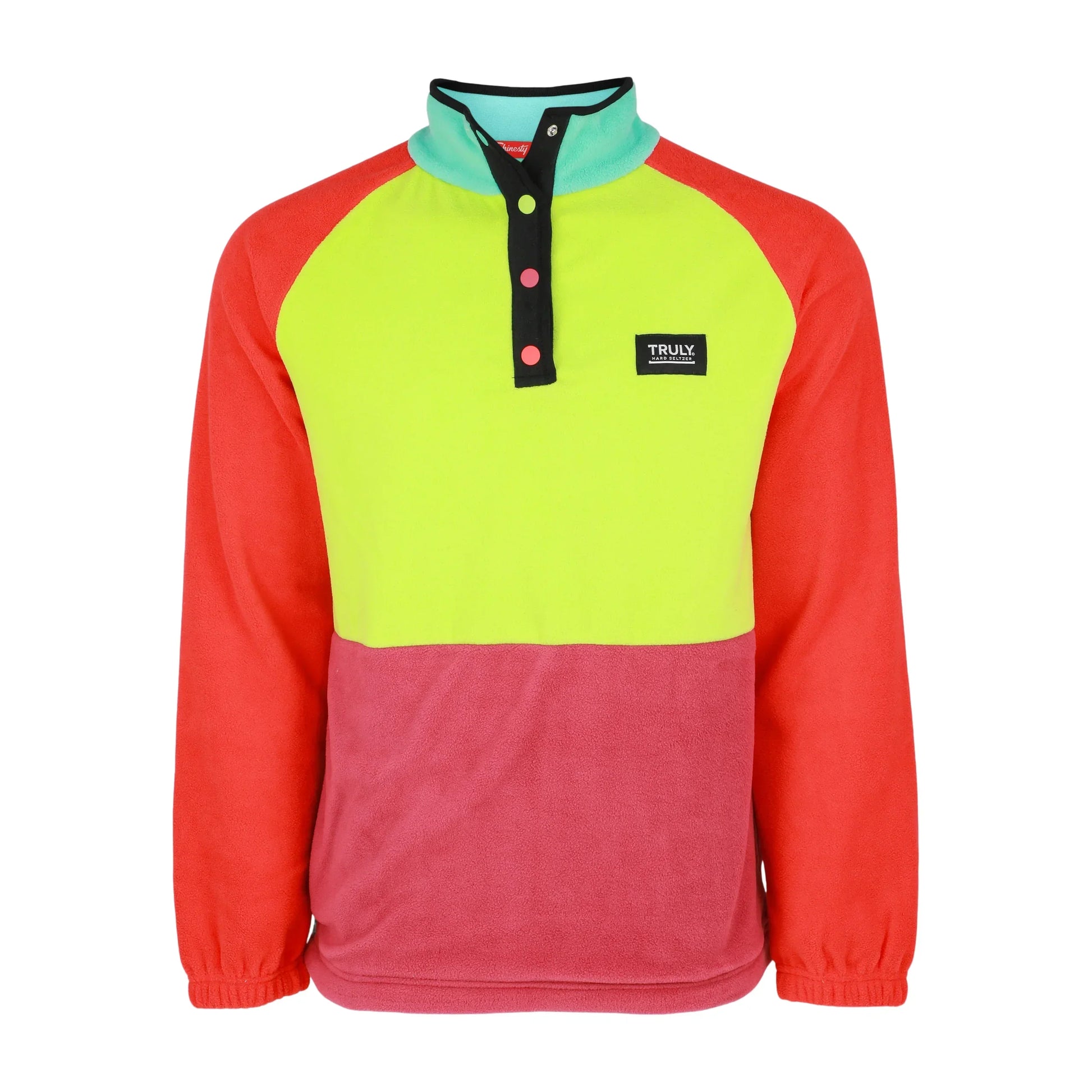 A color-block fleece pullover featuring a mint green upper panel, a neon yellow middle panel with a black snap placket, and a vibrant red bottom panel and sleeves. A small black patch with "TRULY" in white is on the upper right chest.