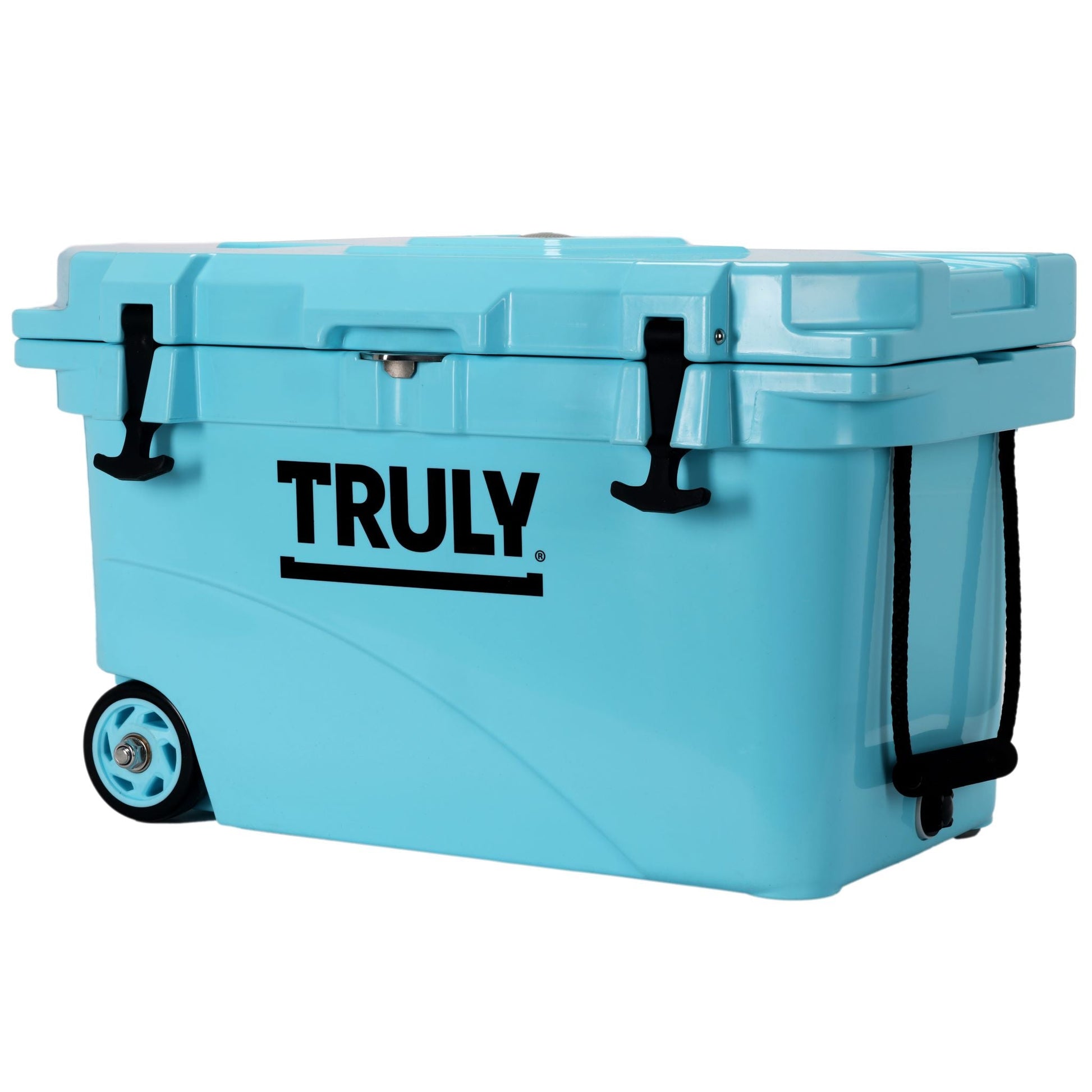 A light blue portable cooler, with "TRULY" in black text on the front. It features black latches on the lid, black rope handles on both sides, and a black wheels.
