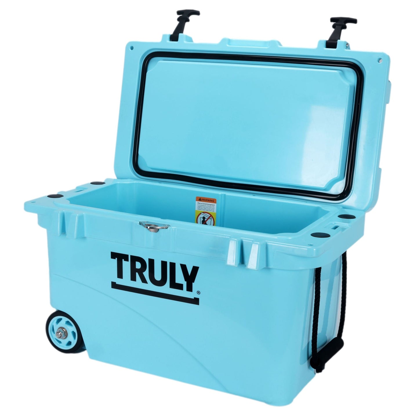  A light blue portable cooler with its lid open, revealing a spacious, empty interior. The word "TRULY" is visible in black text on the front. The cooler has black latches, a black rope handle on the right side, and two black wheels. A small yellow warning label is visible inside the lid.