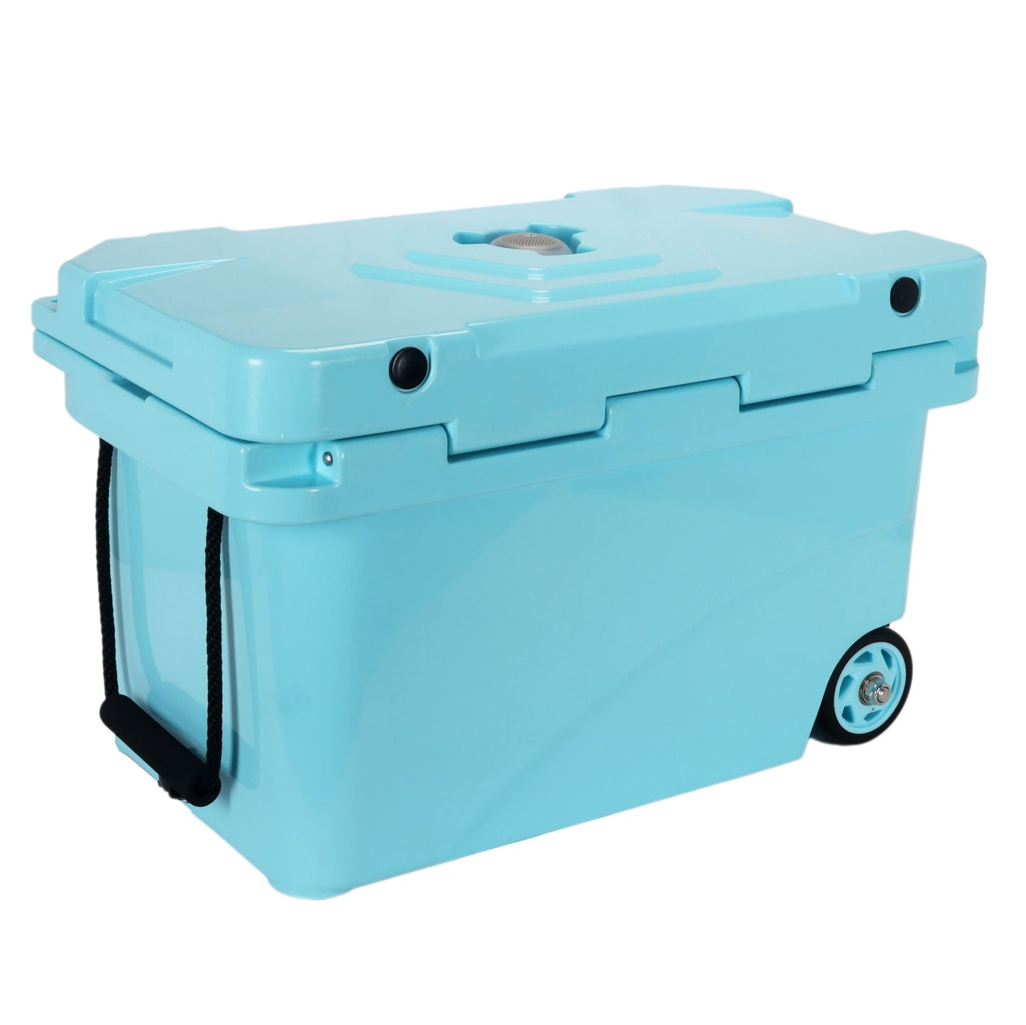A light blue portable cooler, shown from the back. It has black rope handles on the left side, black wheels on the right, and a subtle pattern on the top of the lid, including a speaker grille.