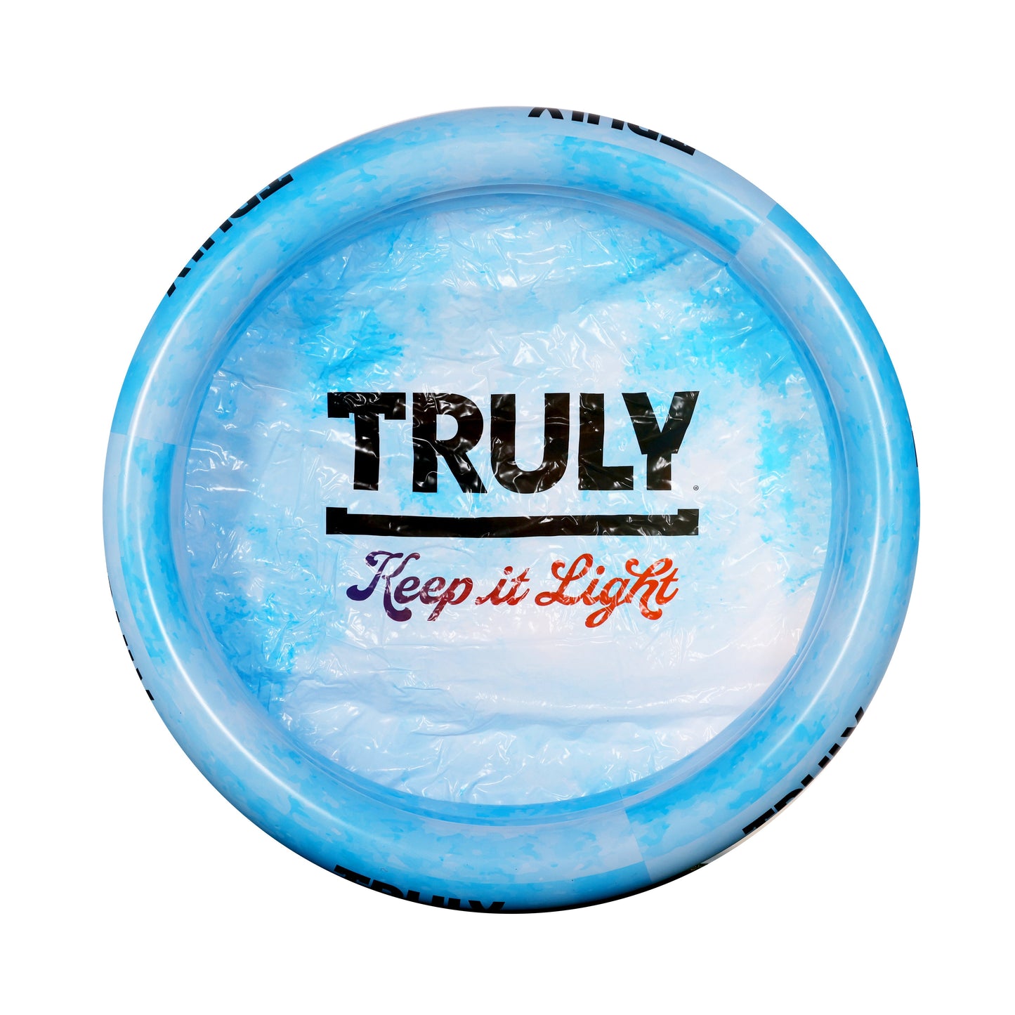 A light blue and white inflatable beverage pool, viewed from directly above, with "TRULY" in bold black letters and "Keep it Light" in red cursive at the very center of the pool.