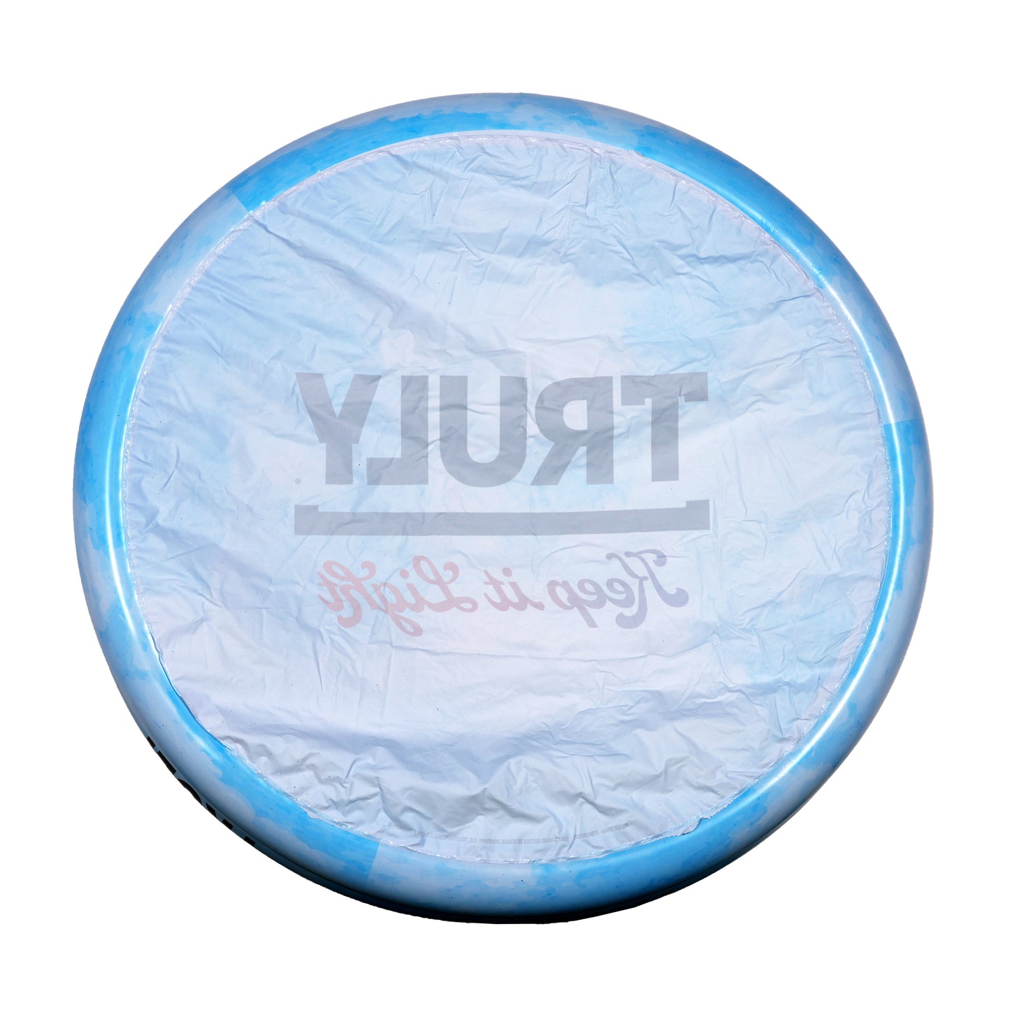 The underside of an inflatable beverage pool, showing the light blue and white marbled pattern, with the word "TRULY" and the phrase "Keep it Light" visible in reverse through the translucent material.