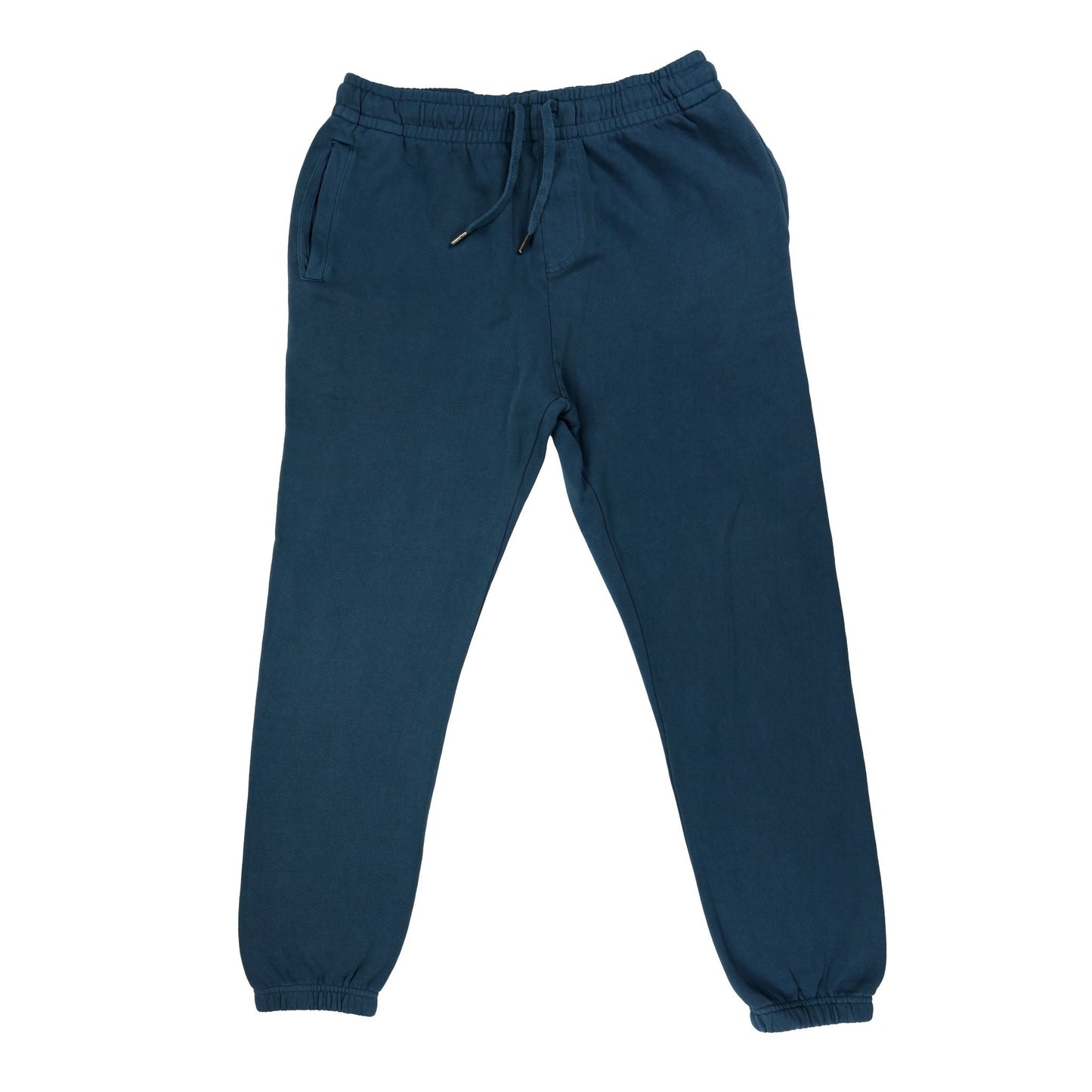 
A pair of dark blue sweatpants, viewed from the front. They have an elastic waistband with a visible drawstring, and ribbed cuffs at the ankles. There are pockets on both hips.