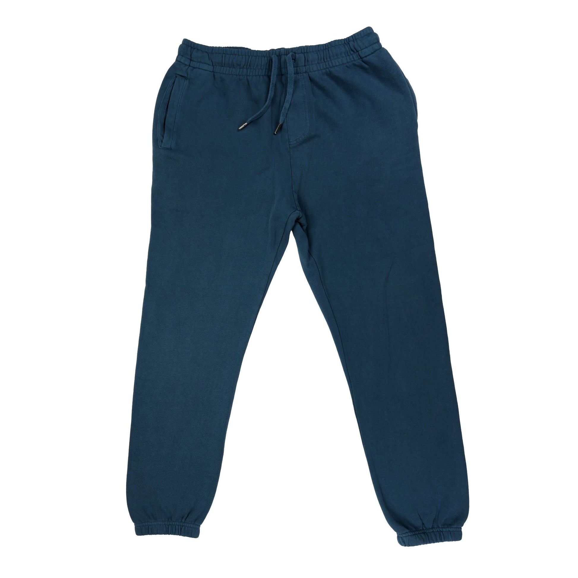 
A pair of dark blue sweatpants, viewed from the front. They have an elastic waistband with a visible drawstring, and ribbed cuffs at the ankles. There are pockets on both hips.