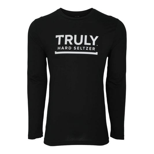 A black long-sleeve shirt featuring "TRULY" in bold white letters with "HARD SELTZER" and a horizontal line underneath it on the chest.