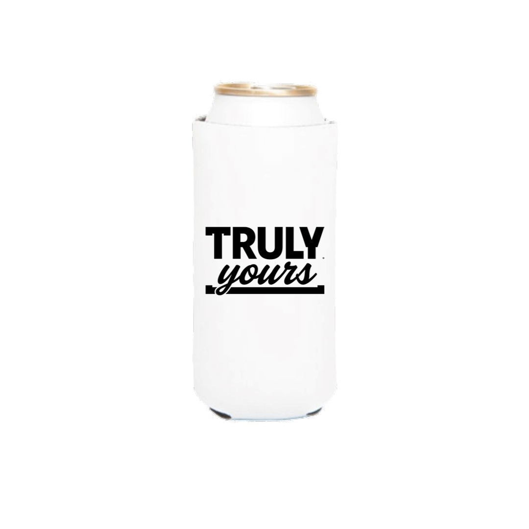 A white slim can cooler standing upright, holding a beverage can. The cooler has 'TRULY yours' printed in black text on its front, with a thin black line underneath the word 'yours'.