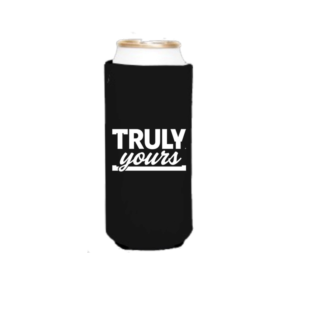 A black slim can cooler standing upright, holding a beverage can. The cooler has 'TRULY yours' printed in white text on its front, with a thin white line underneath the word 'yours'.