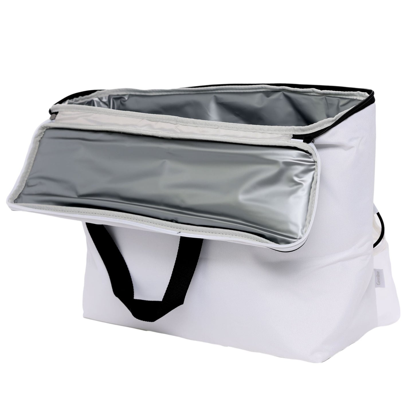 A white insulated cooler bag with a rectangular shape and a black carrying handle. The top flap is open, revealing a reflective silver thermal lining designed to keep contents cool. The bag appears to be made of sturdy, durable fabric suitable for outdoor or travel use.