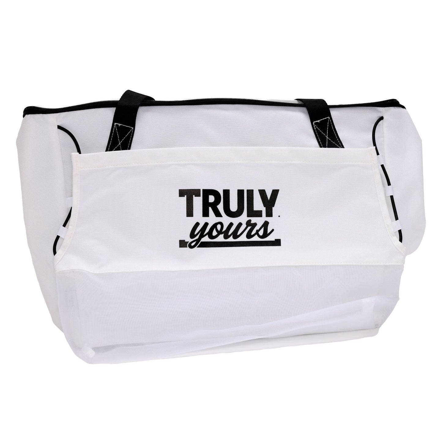 A white tote bag with black handles and a front pocket. The pocket features the phrase 'TRULY yours' printed in black—'TRULY' in bold, uppercase letters and 'yours' in a cursive, lowercase font. The bag has a simple, clean design and appears to be made of durable fabric suitable for everyday use.