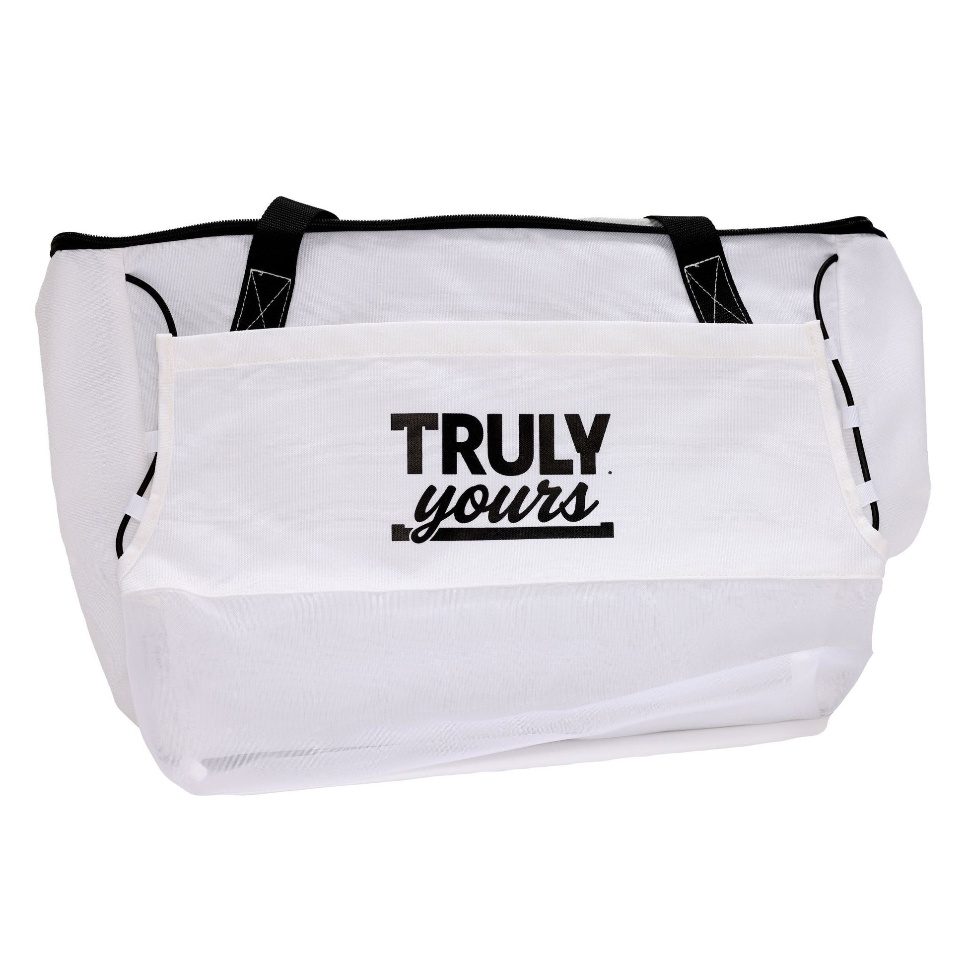 A white tote bag with black handles and a front pocket. The pocket features the phrase 'TRULY yours' printed in black—'TRULY' in bold, uppercase letters and 'yours' in a cursive, lowercase font. The bag has a simple, clean design and appears to be made of durable fabric suitable for everyday use.
