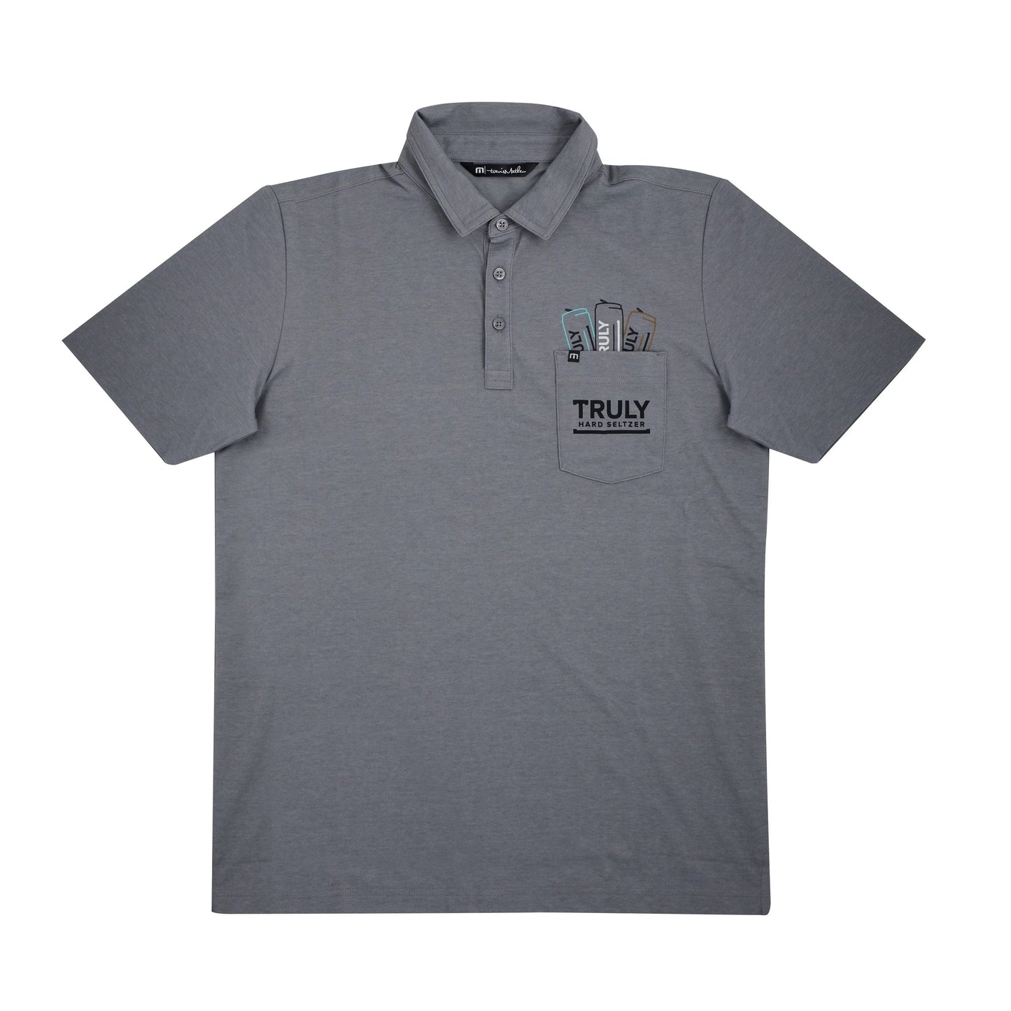 A flat lay of a grey short-sleeved polo shirt with a black collar and two buttons. The shirt has a pocket on the left chest with three partially visible slim cans embroidered inside, each labeled 'TRULY'. Below the cans, the pocket is printed with the word 'TRULY' in large black letters and 'HARD SELTZER' in smaller black letters.