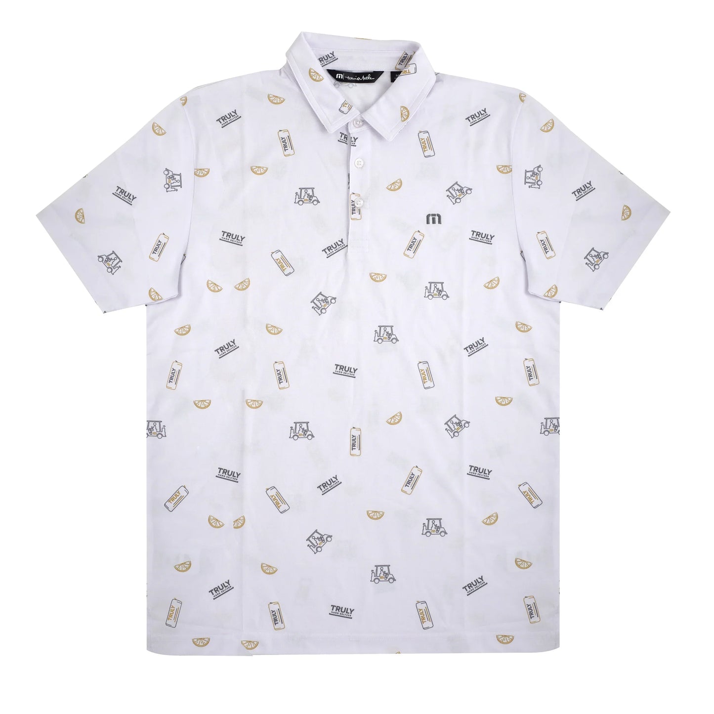 A white short-sleeved polo shirt with a repeating pattern. The pattern consists of small illustrations of Truly Hard Seltzer cans labeled 'TRULY', citrus fruit slices, and a small stylized 'M' logo, scattered across the shirt.