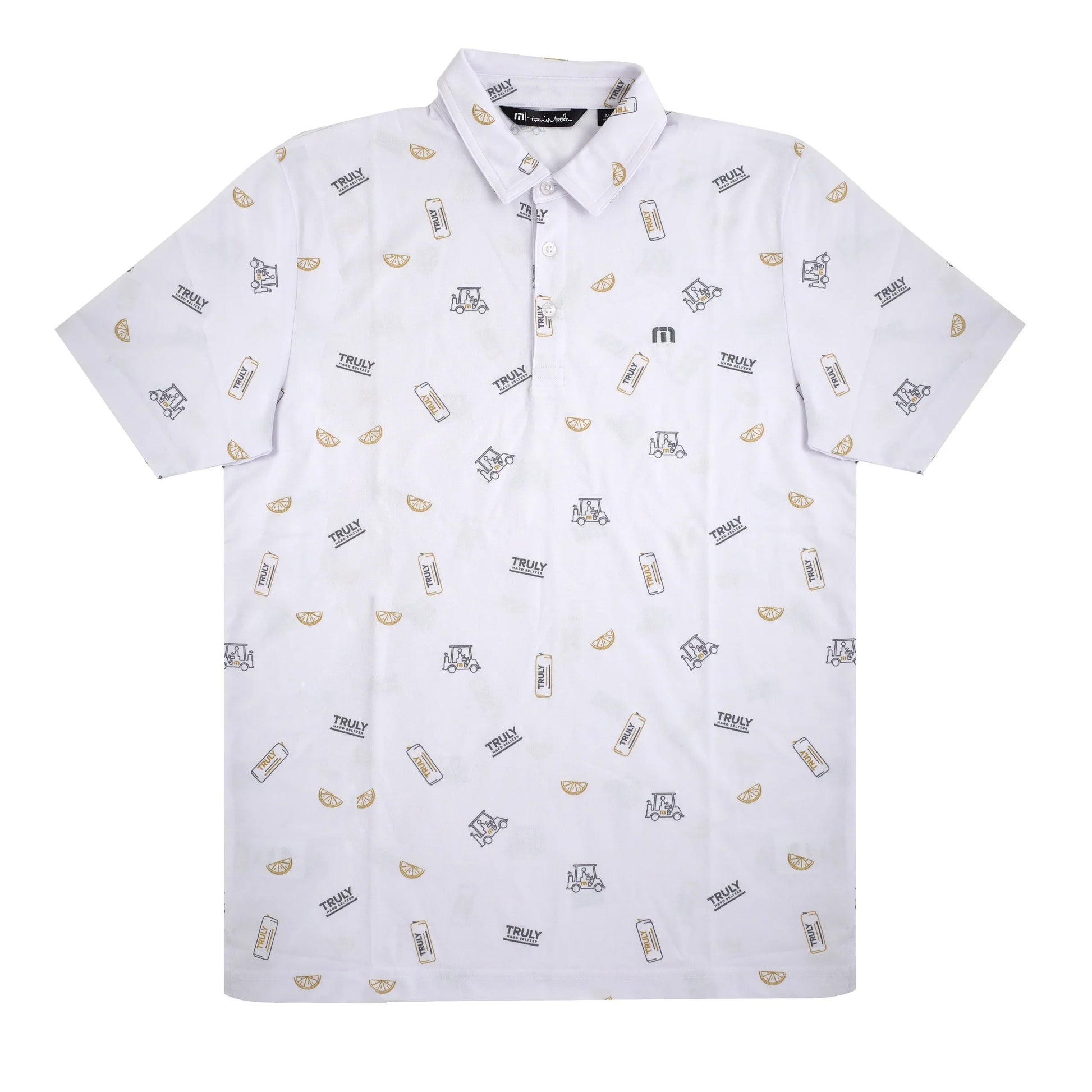 A white short-sleeved polo shirt with a repeating pattern. The pattern consists of small illustrations of Truly Hard Seltzer cans labeled 'TRULY', citrus fruit slices, and a small stylized 'M' logo, scattered across the shirt.