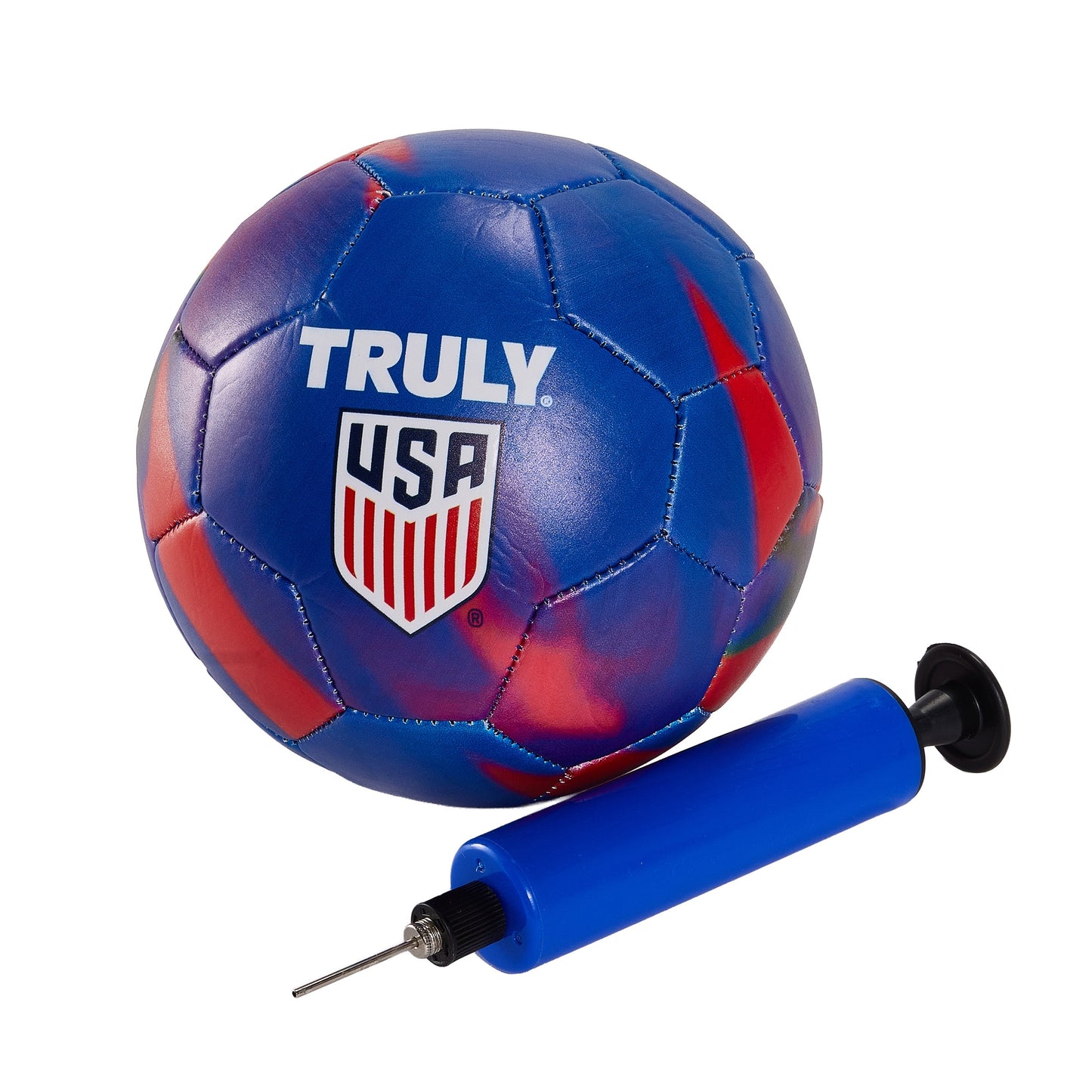 Blue and red marbled Truly USA ball with stitched pentagon panels positioned beside a blue hand pump with a metal inflation needle. The ball features prominent white “TRULY” branding and a shield‑style USA graphic, shown as part of a complete ball‑and‑pump set.