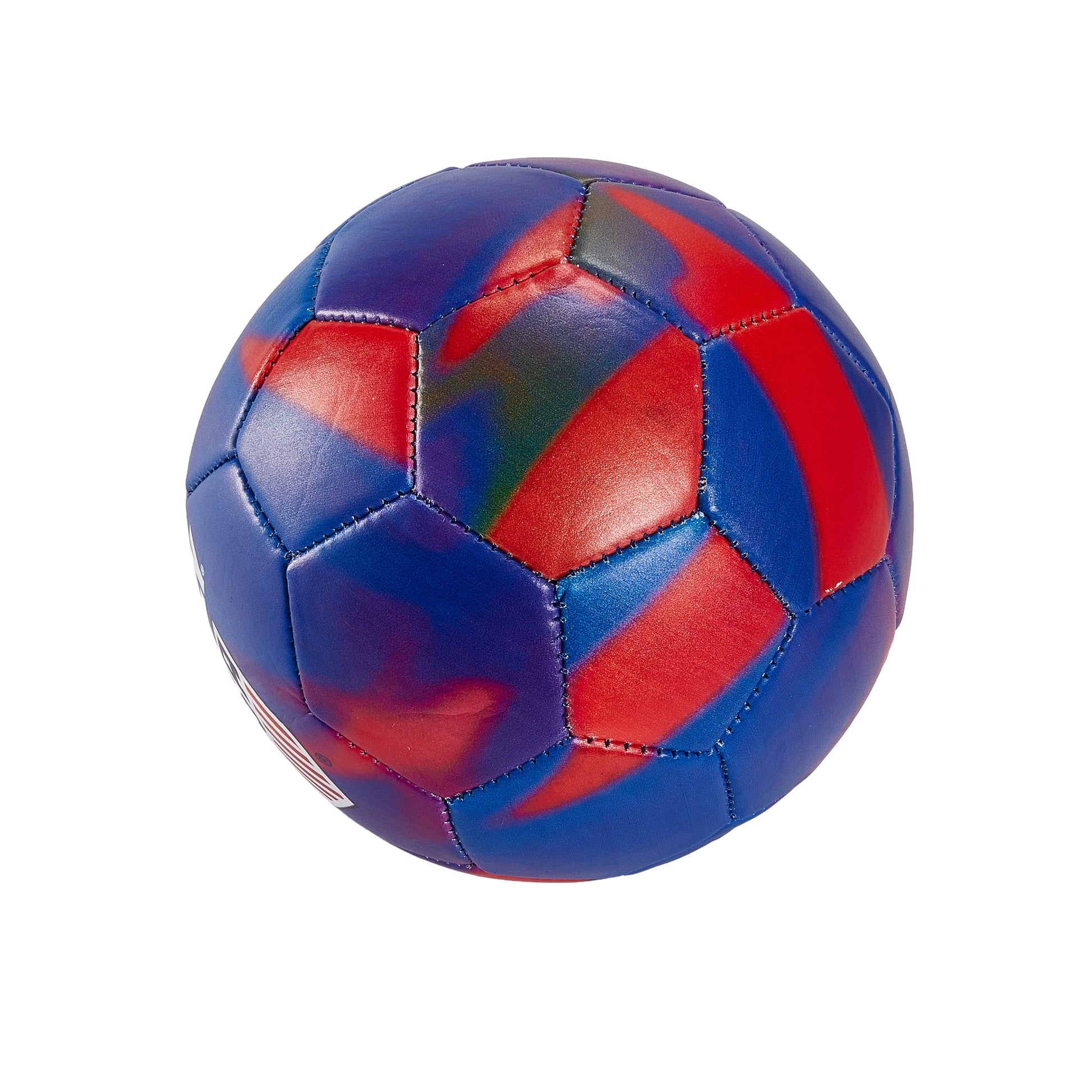 A small blue and red swirl‑patterned Truly USA ball shown from an angled view, featuring stitched pentagon panels and a glossy finish. The vibrant marbled design highlights the textured surface of the recreational ball.