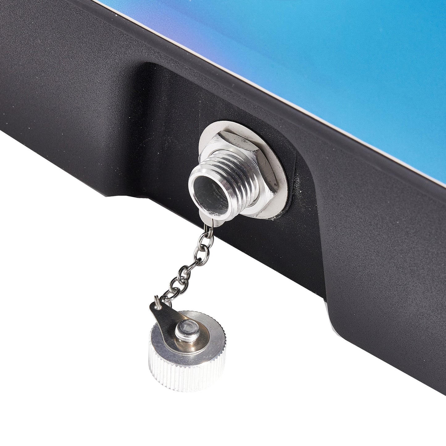 Close-up of the Truly USA cooler’s metal drain port featuring a threaded spout with a removable cap attached by a small chain. The detail highlights the cooler’s functionality and the sturdy black and blue exterior housing