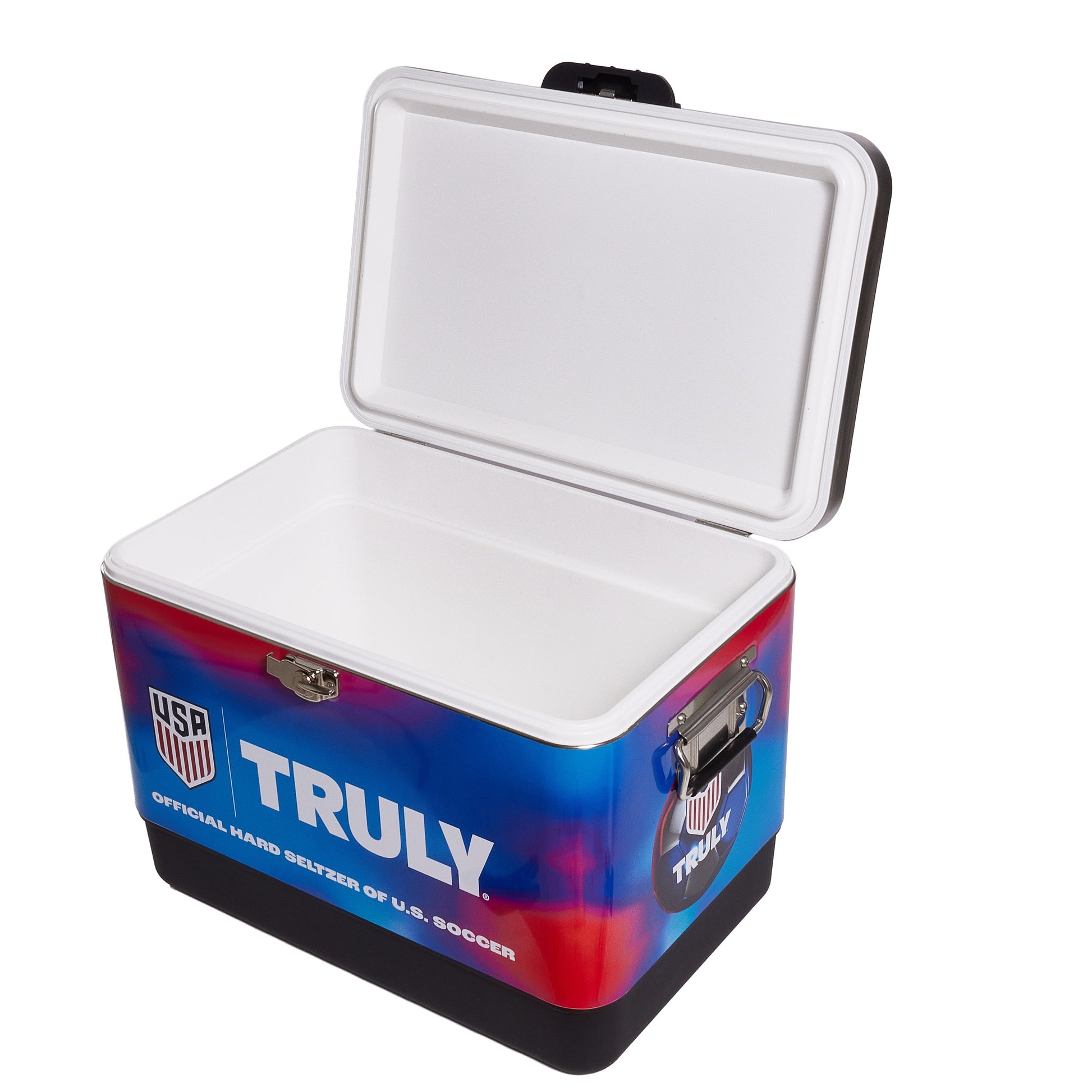 Truly USA cooler shown with the lid open revealing a spacious white insulated interior. The exterior features a vibrant red and blue gradient, side carry handles, and prominent Truly branding with a shield‑style USA graphic.