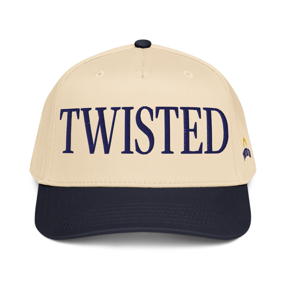 Twisted Tea baseball cap with cream crown and navy brim, featuring embroidered navy “Twisted” lettering on the front panel.