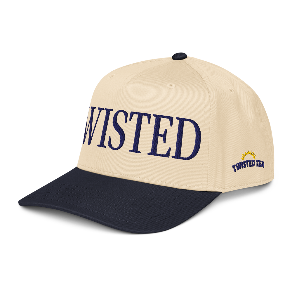 Twisted Tea baseball cap with cream crown and navy brim, featuring embroidered navy “Twisted” lettering on the front panel.