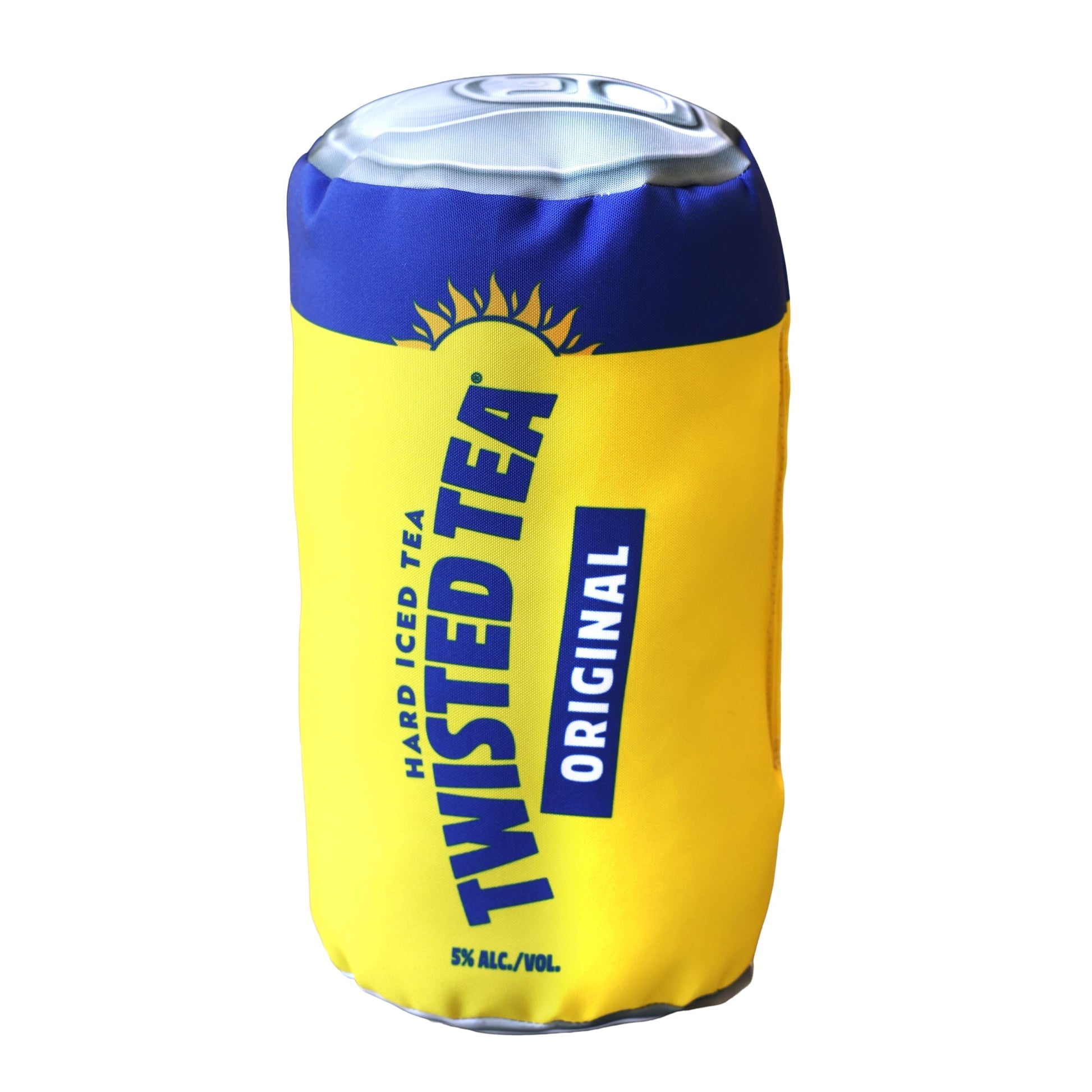 Twisted Tea can pillow in yellow and blue, angled view with realistic soda can top design and Original hard iced tea branding
