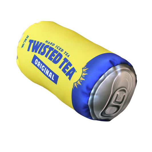 Twisted Tea can pillow in yellow and blue, angled view with realistic soda can top design and Original hard iced tea branding