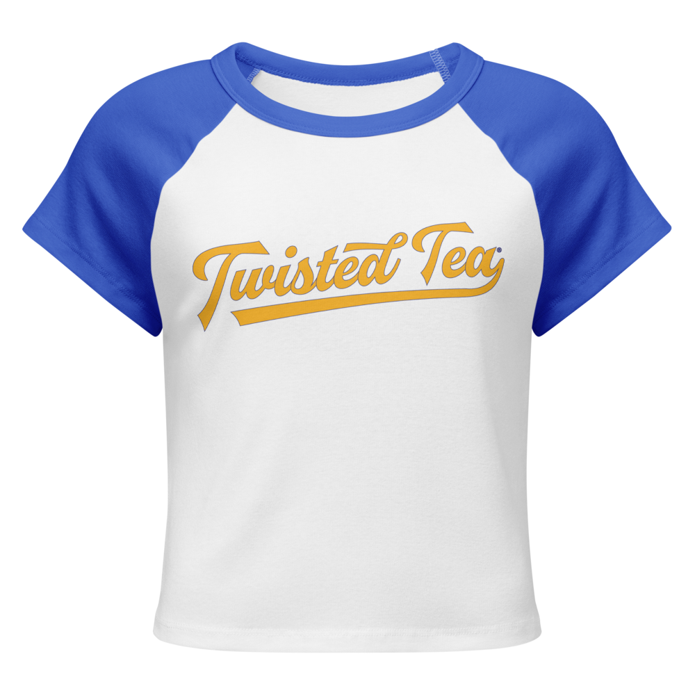 Baseball baby tee with blue sleeve and white body Twisted Tea script text