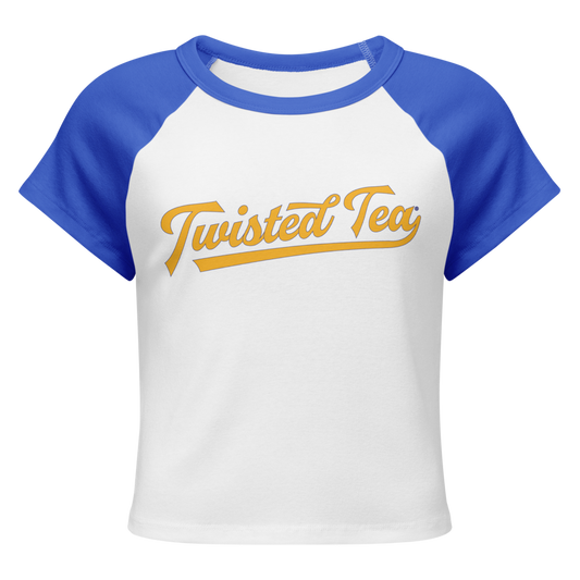 Baseball baby tee with blue sleeve and white body Twisted Tea script text