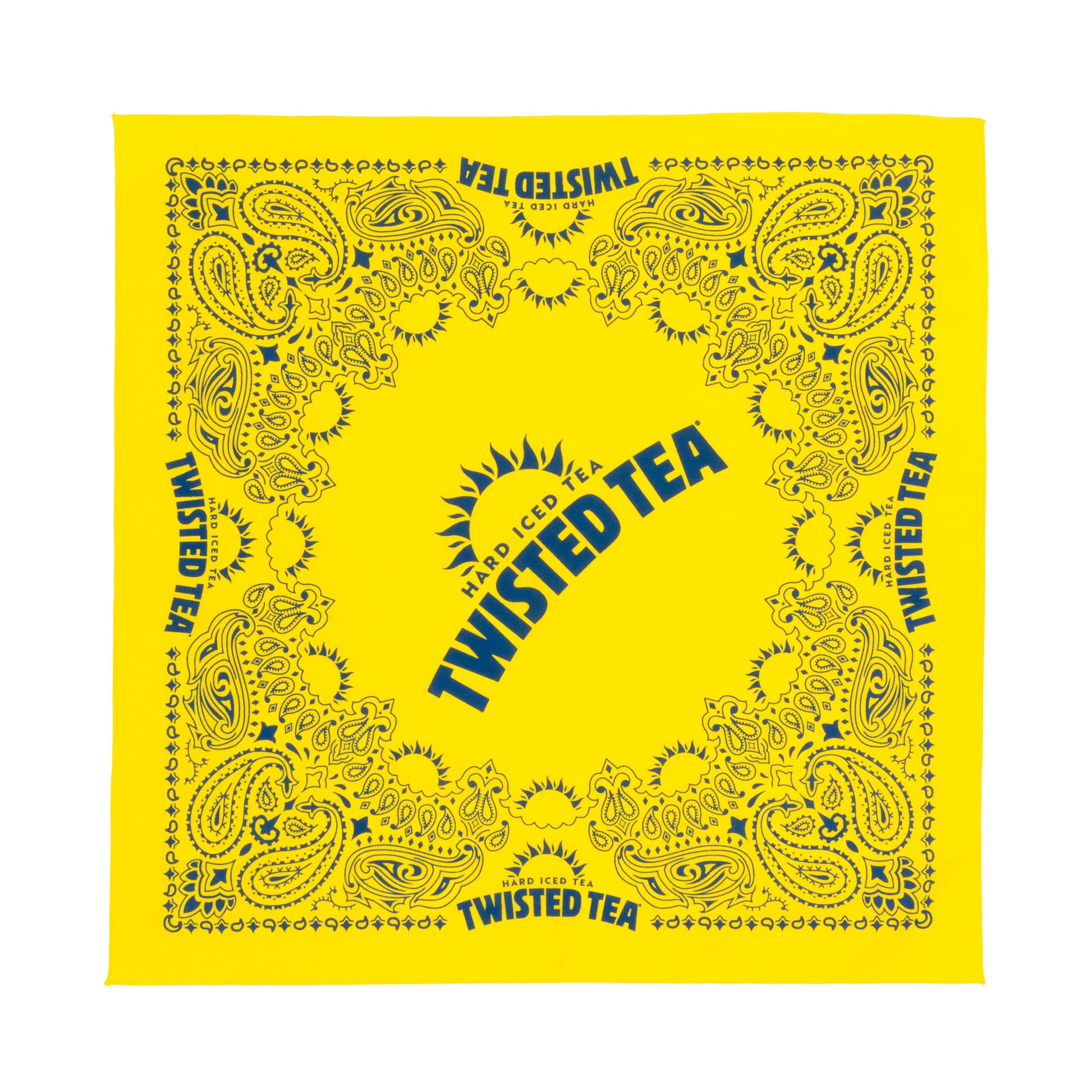 Yellow bandana with Twisted Tea logo and paisley patterns on a white background