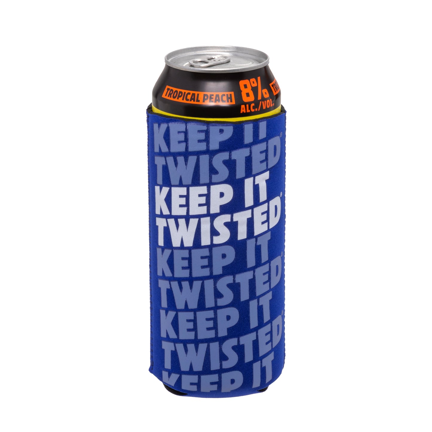 Twisted Tea Extreme tropical peach can in a 24oz blue can cooler with a "Keep It Twisted" Logo on the side and up and down the can in light blue