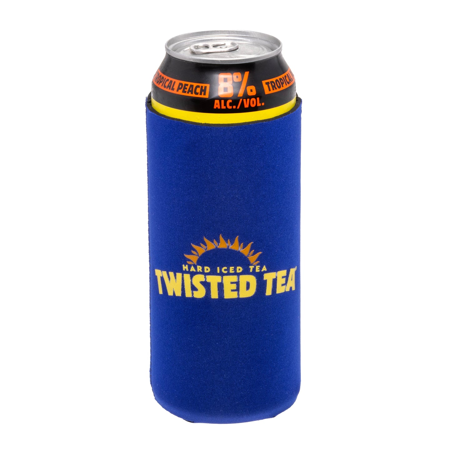 Twisted Tea Extreme Tropical Peach can in a 24oz blue can cooler with a yellow Hard Iced Tea Twisted Tea classic logo