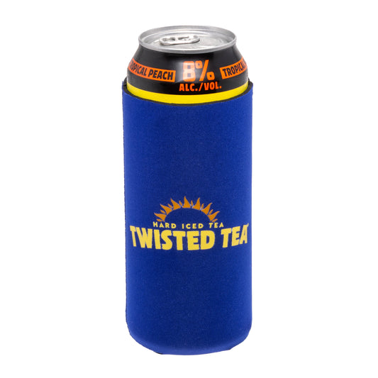 Twisted Tea Extreme Tropical Peach can in a 24oz blue can cooler with a yellow Hard Iced Tea Twisted Tea classic logo