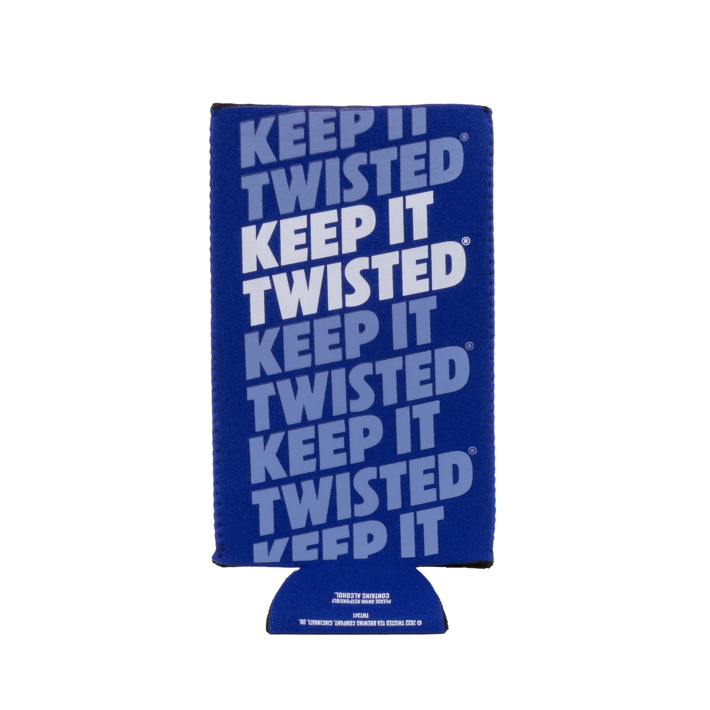 24oz blue can cooler with a "Keep It Twisted" Logo on the side and up and down the can in light blue