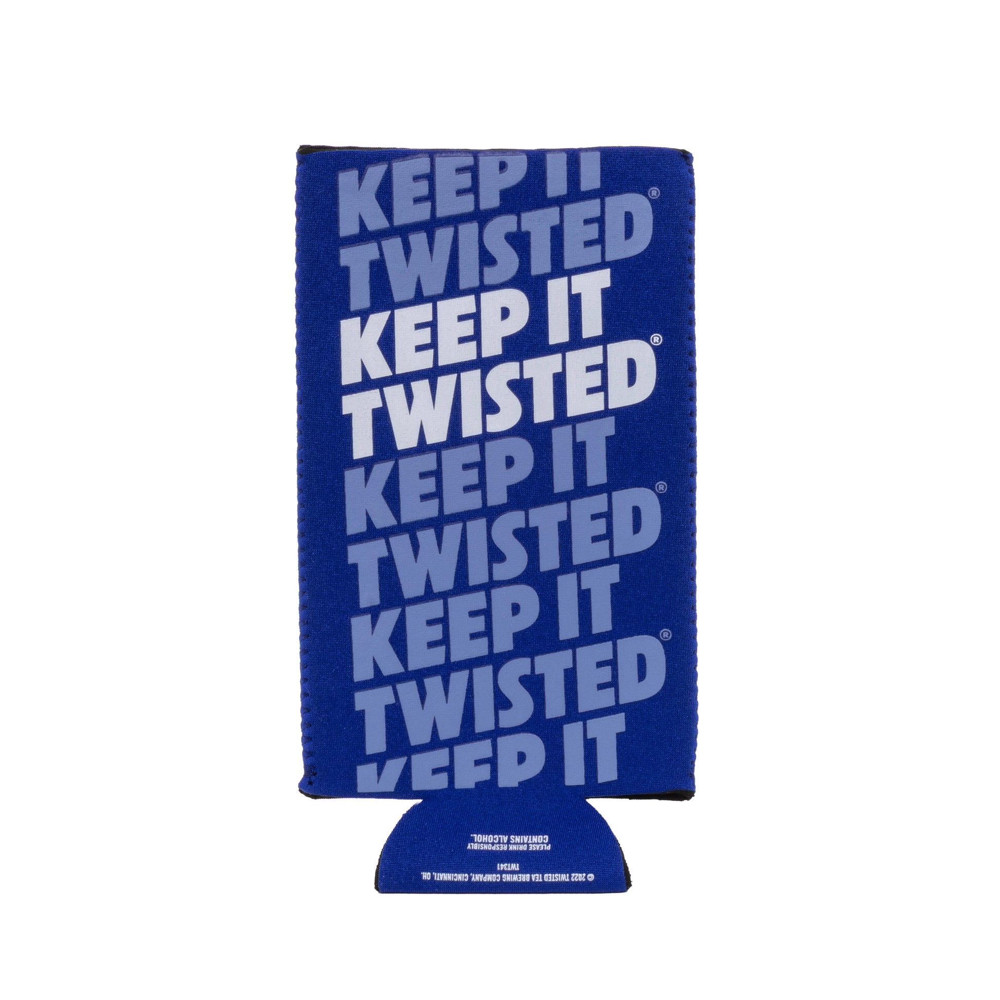 24oz blue can cooler with a "Keep It Twisted" Logo on the side and up and down the can in light blue
