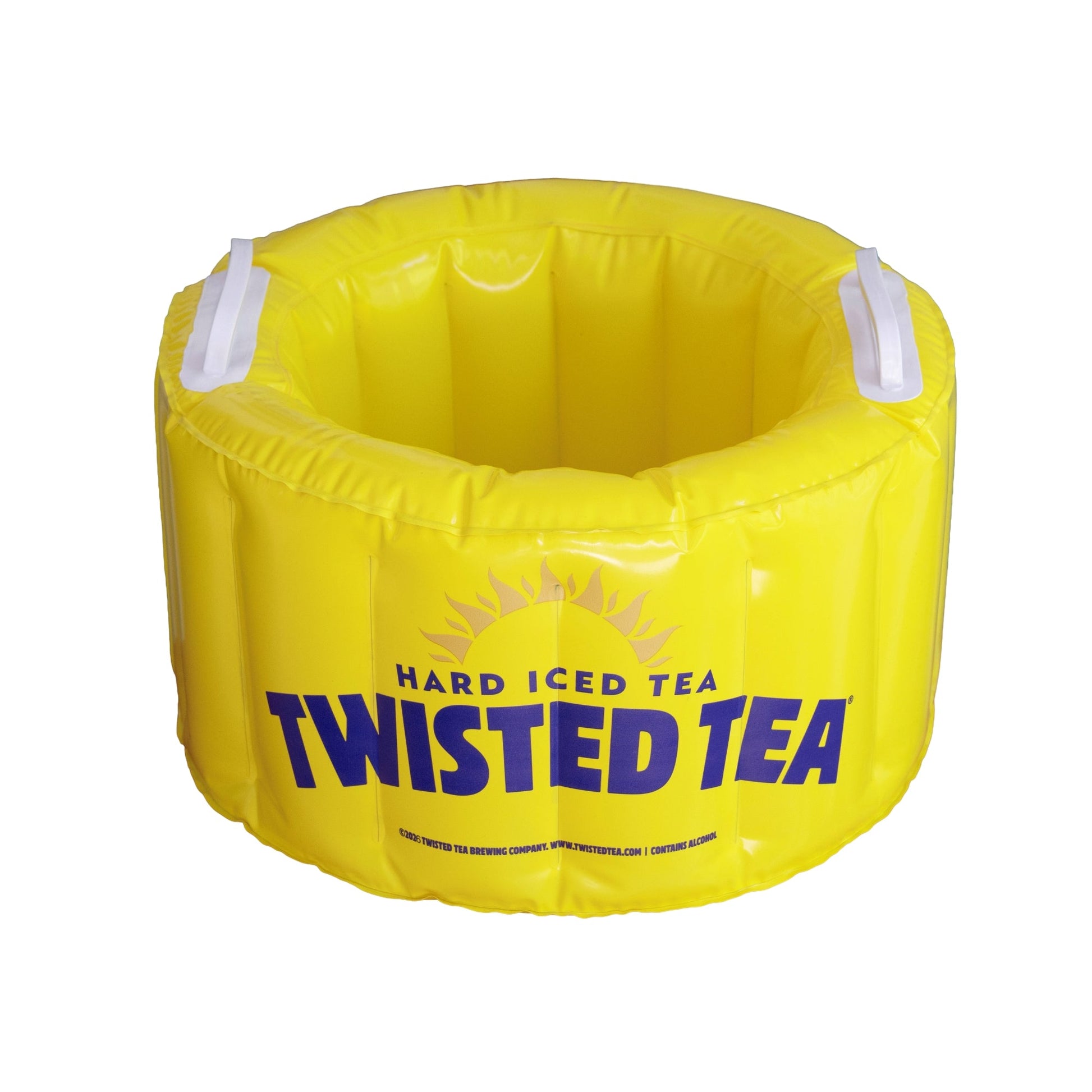 Yellow Twisted Tea inflatable can cooler with handles, front view showing Hard Iced Tea Twisted Tea logo