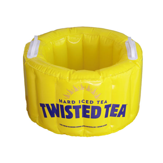 Yellow Twisted Tea inflatable can cooler with handles, front view showing Hard Iced Tea Twisted Tea logo