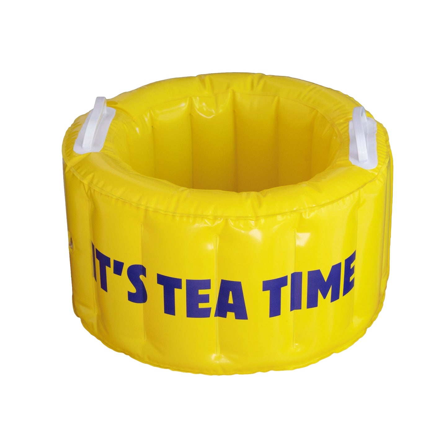 Yellow inflatable Twisted Tea drink cooler bucket with handles, featuring ‘It’s Tea Time’ slogan in navy