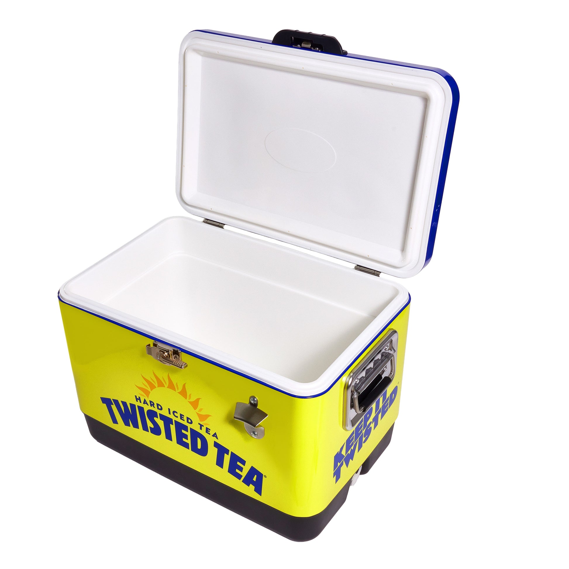 An open Twisted Tea steel cooler shown from an angled front view. The cooler has a yellow exterior with blue Twisted Tea branding and a black base. The inside is fully white and insulated, with the lid lifted to reveal the interior. A metal bottle opener is attached to the front right side, and a silver side handle with a black grip is visible.