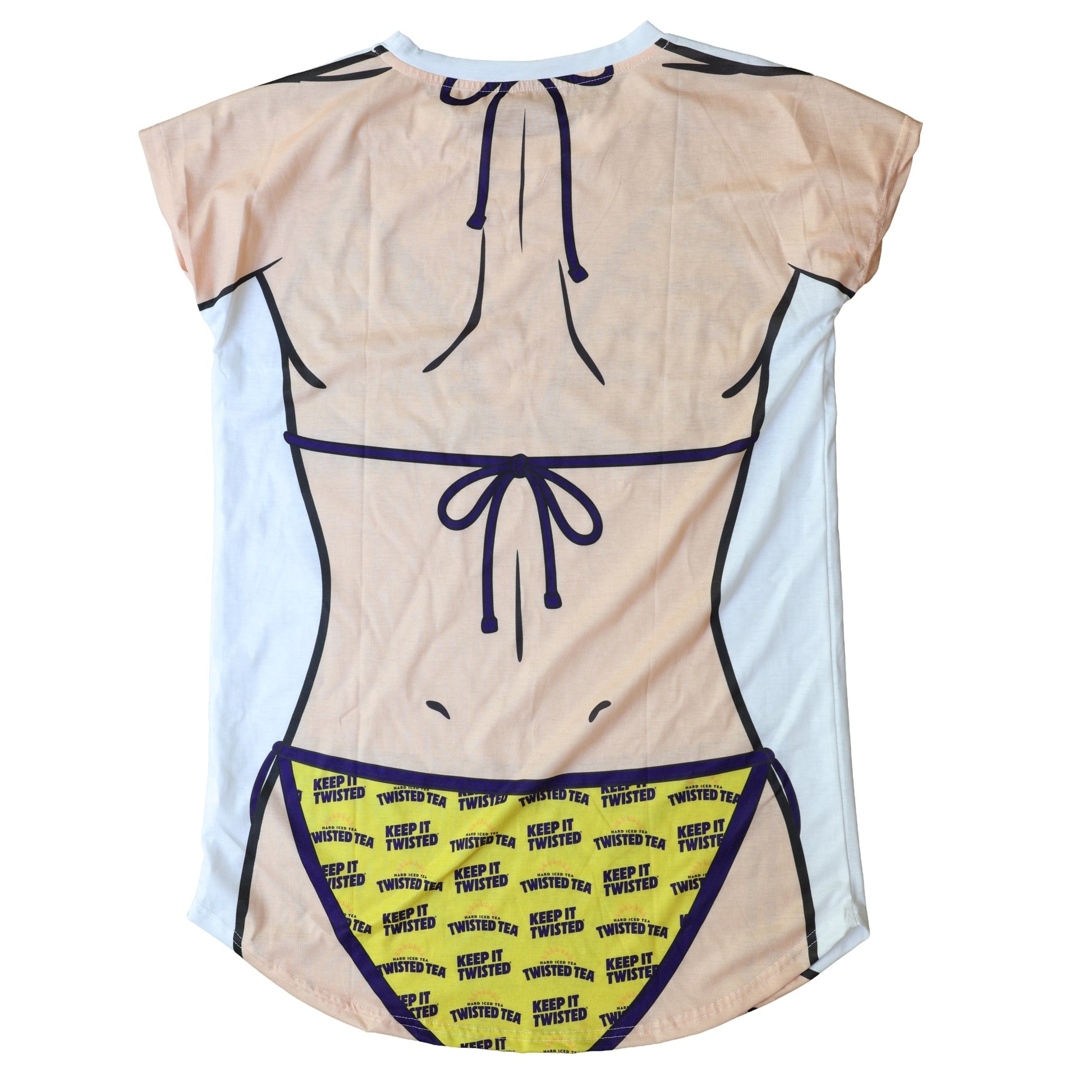 Back of white swim cover up with a cartoon body illustration of a person wearing a twisted tea bikini, patterned with keep it twisted logos