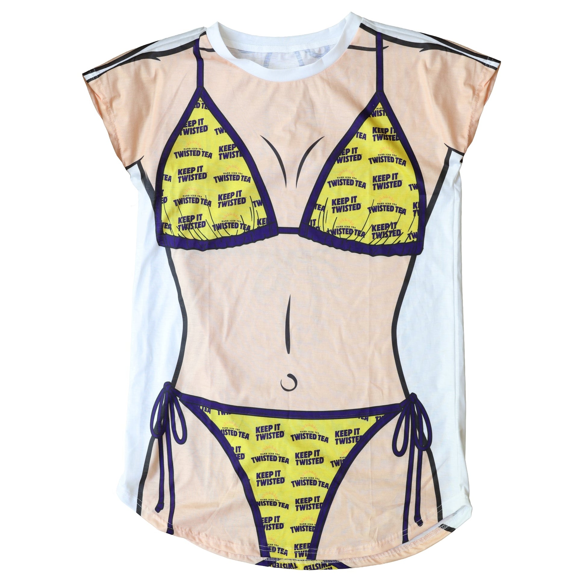 White swim cover up with a cartoon body illustration of a person wearing a twisted tea bikini, patterned with keep it twisted logos