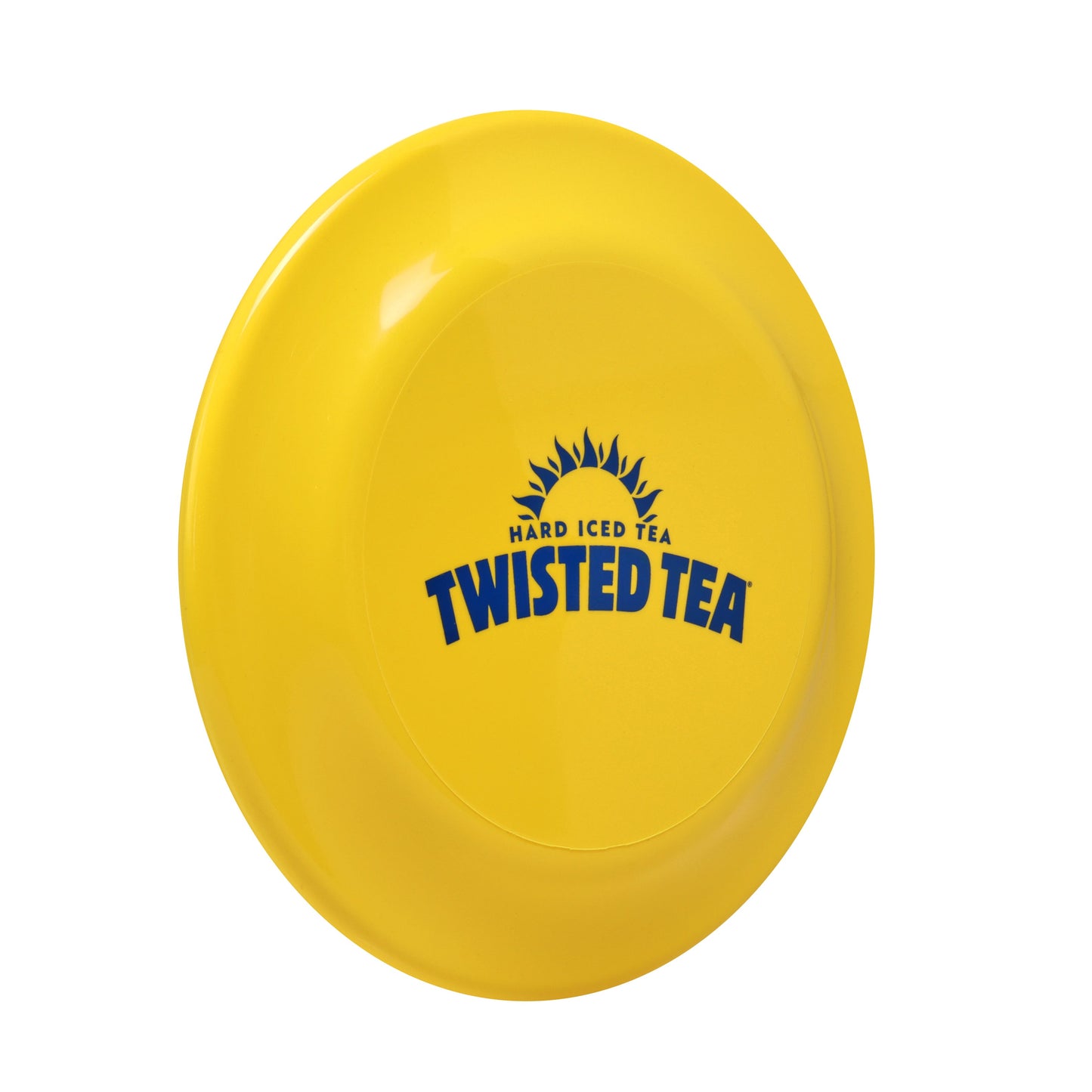 Yellow frisbee with 'Twisted Tea' logo on a white background