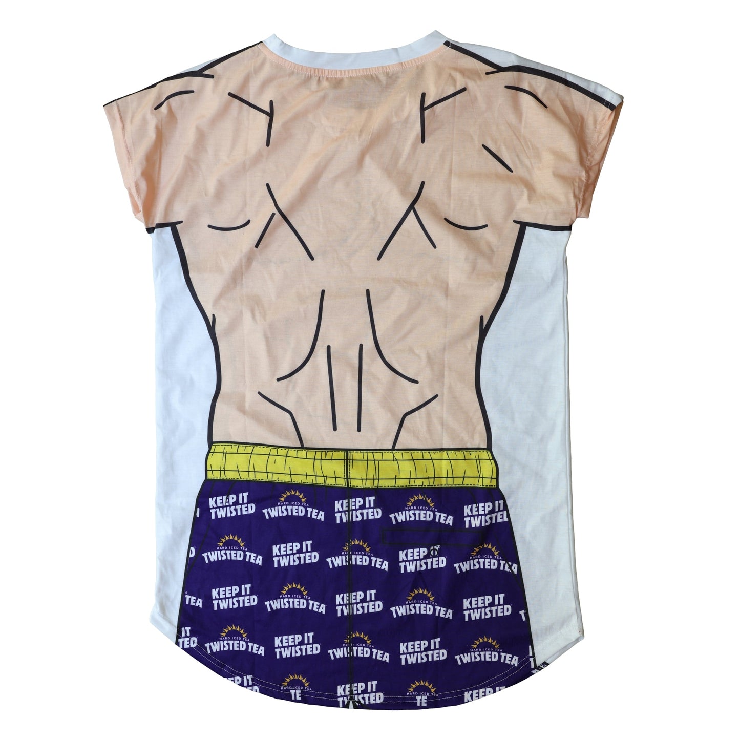 Twisted Tea swim cover-up dress back view with cartoon muscle print and ‘Keep It Twisted’ shorts design