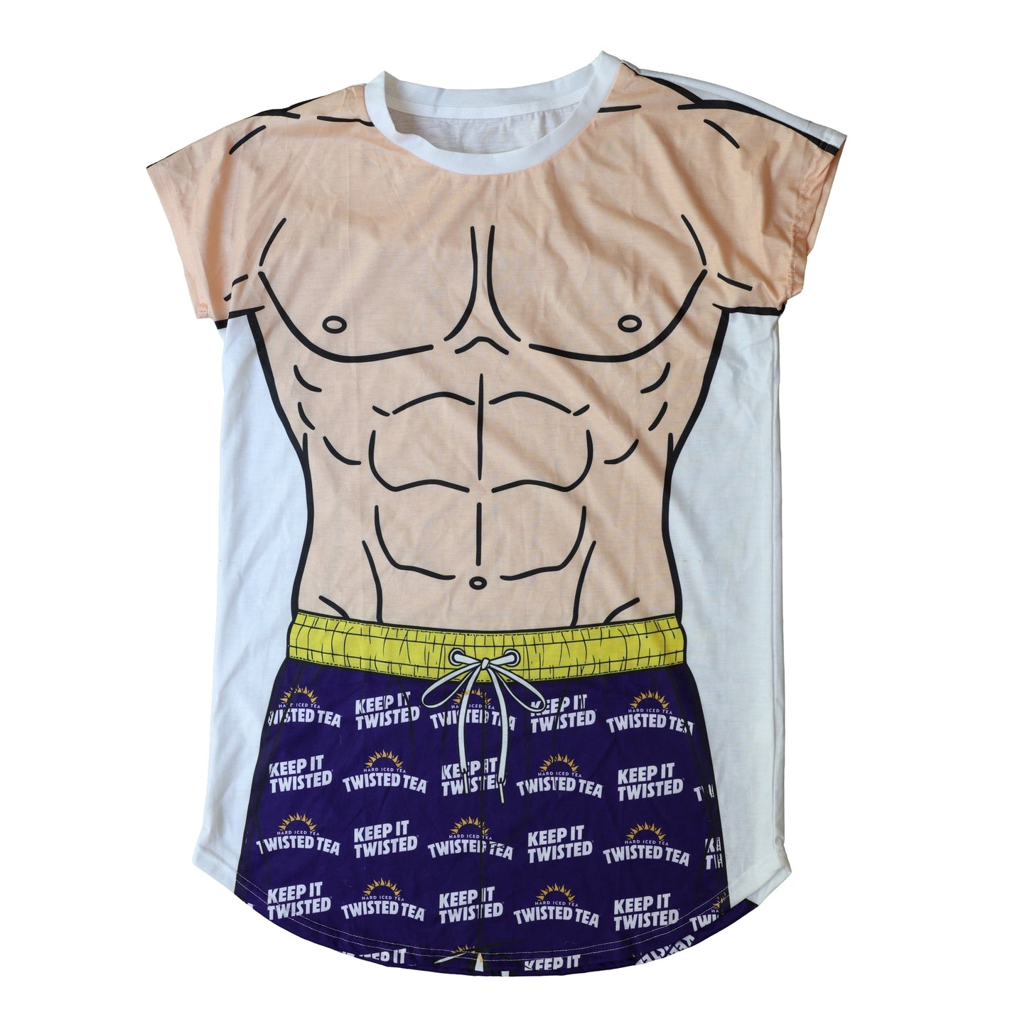Twisted Tea swim cover-up front view with cartoon muscle chest graphic and ‘Keep It Twisted’ branded shorts print