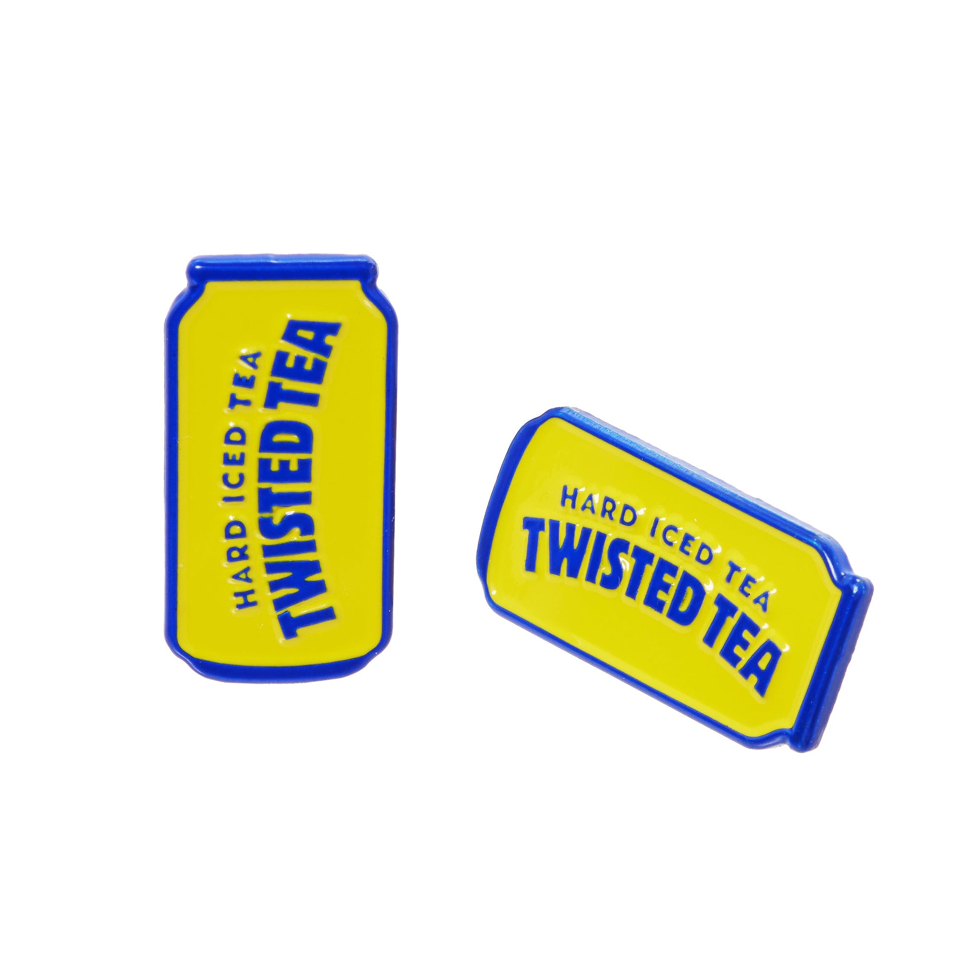 Two earrings designed as Twisted Tea hard iced tea cans in blue and yellow