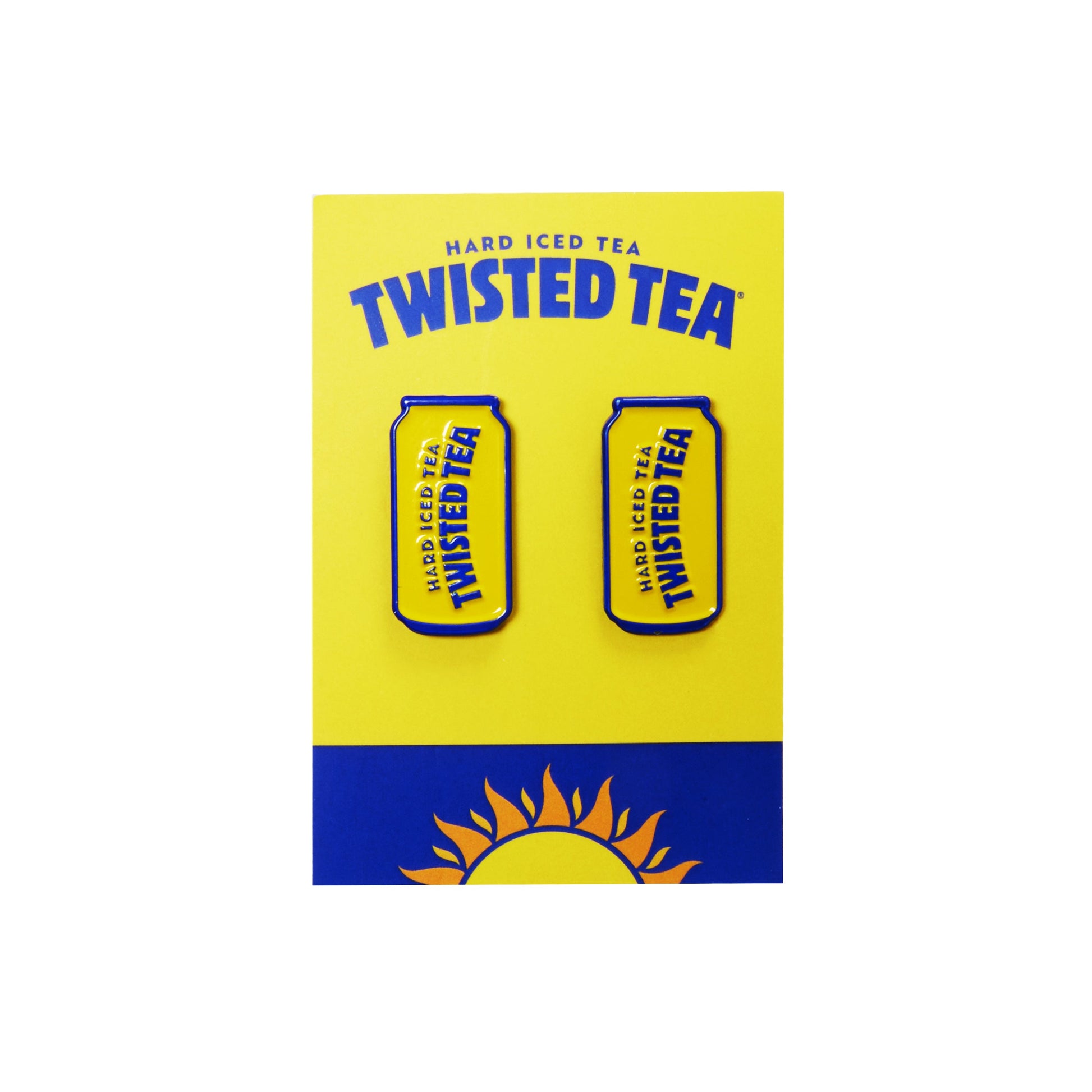 Twisted Tea can-shaped earrings on a yellow card with brand name and logo.