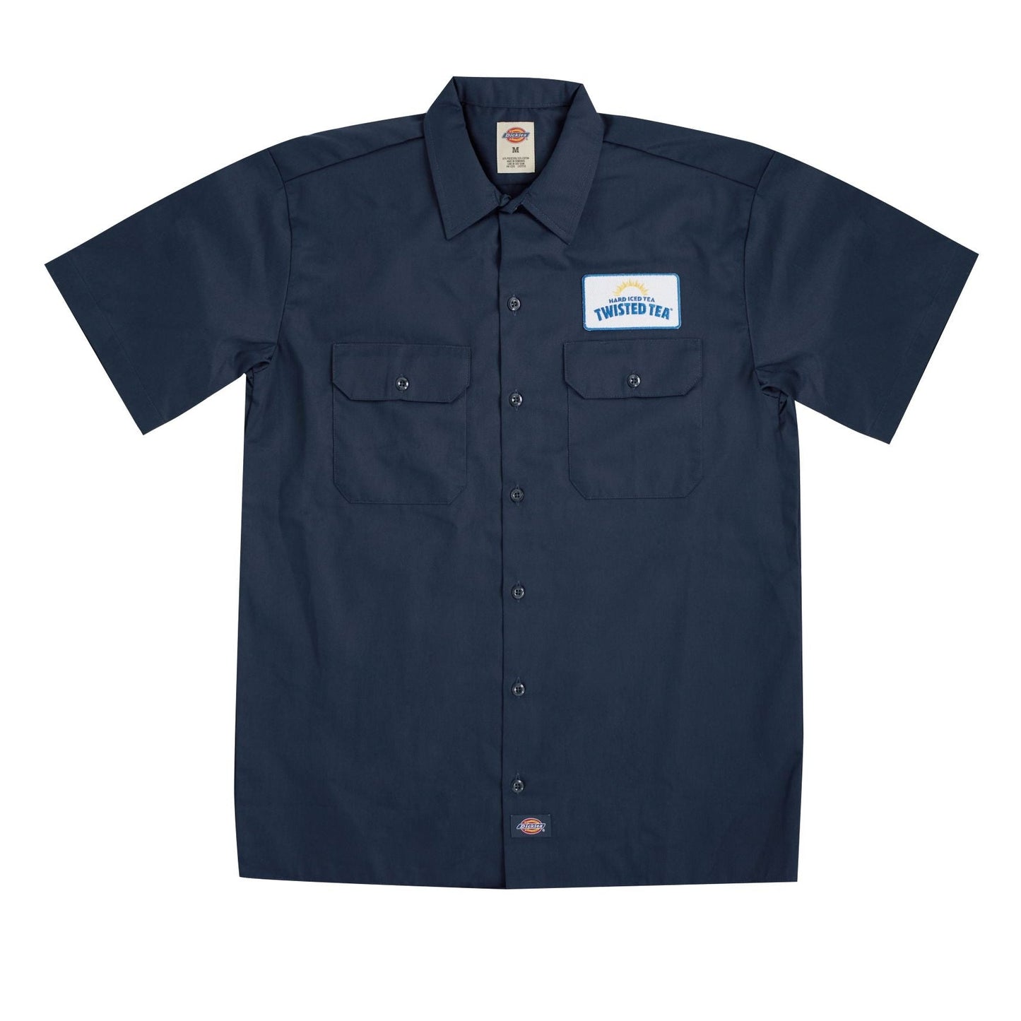 Navy work shirt with a logo on a white background