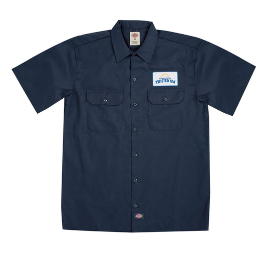 Navy work shirt with a logo on a white background